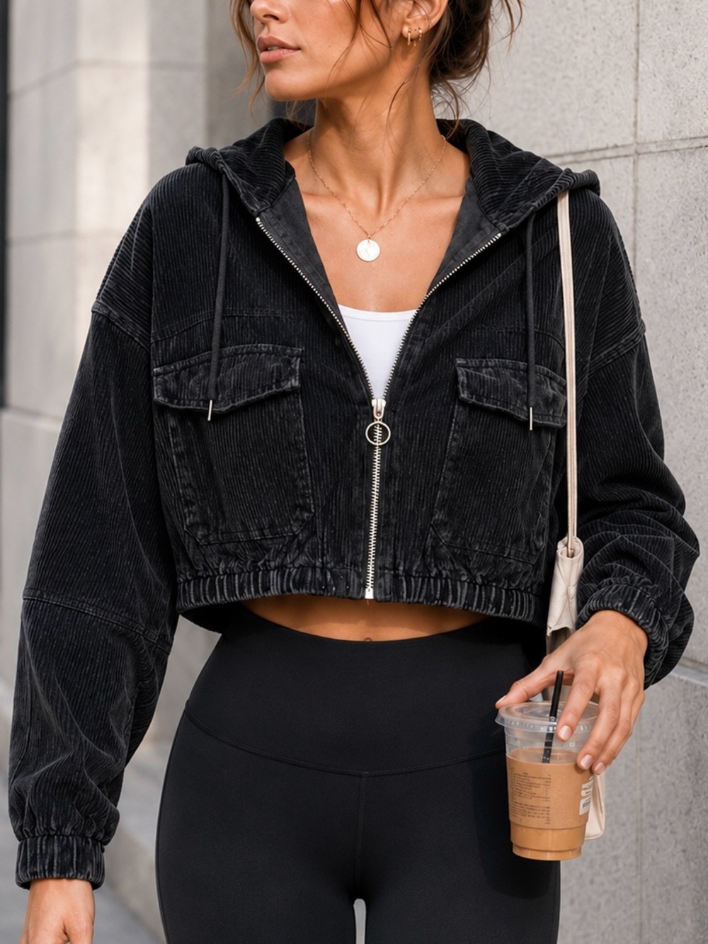 Urban Outfitters Black Corduroy Jacket Cropped Hooded Zip Up BDG Small